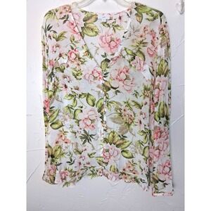 J Jill Chiffon Floral Print Ruffle Trim Button Front Top Sz‎ Large Fairy Cottage
